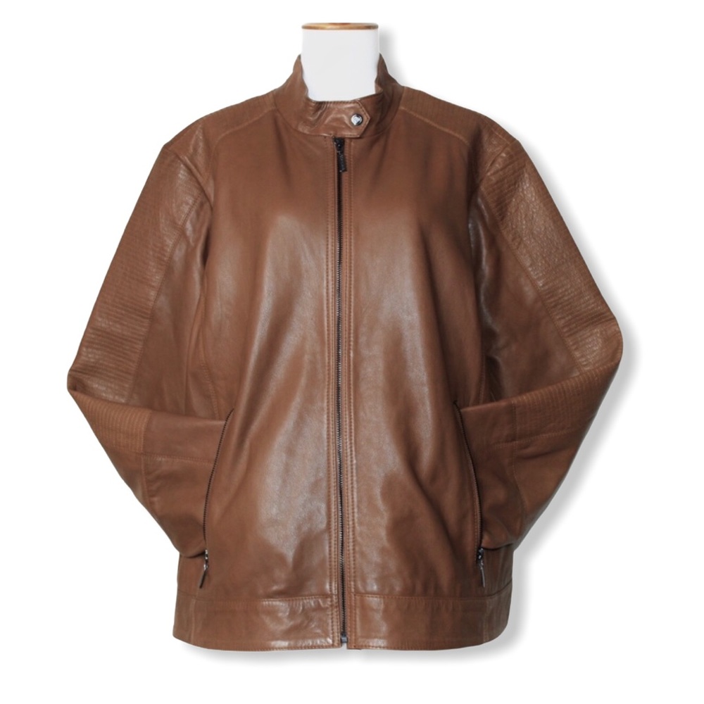 Bernardo Saddle Brown Leather Quilt Moto Jacket 3X - Picture 1 of 16
